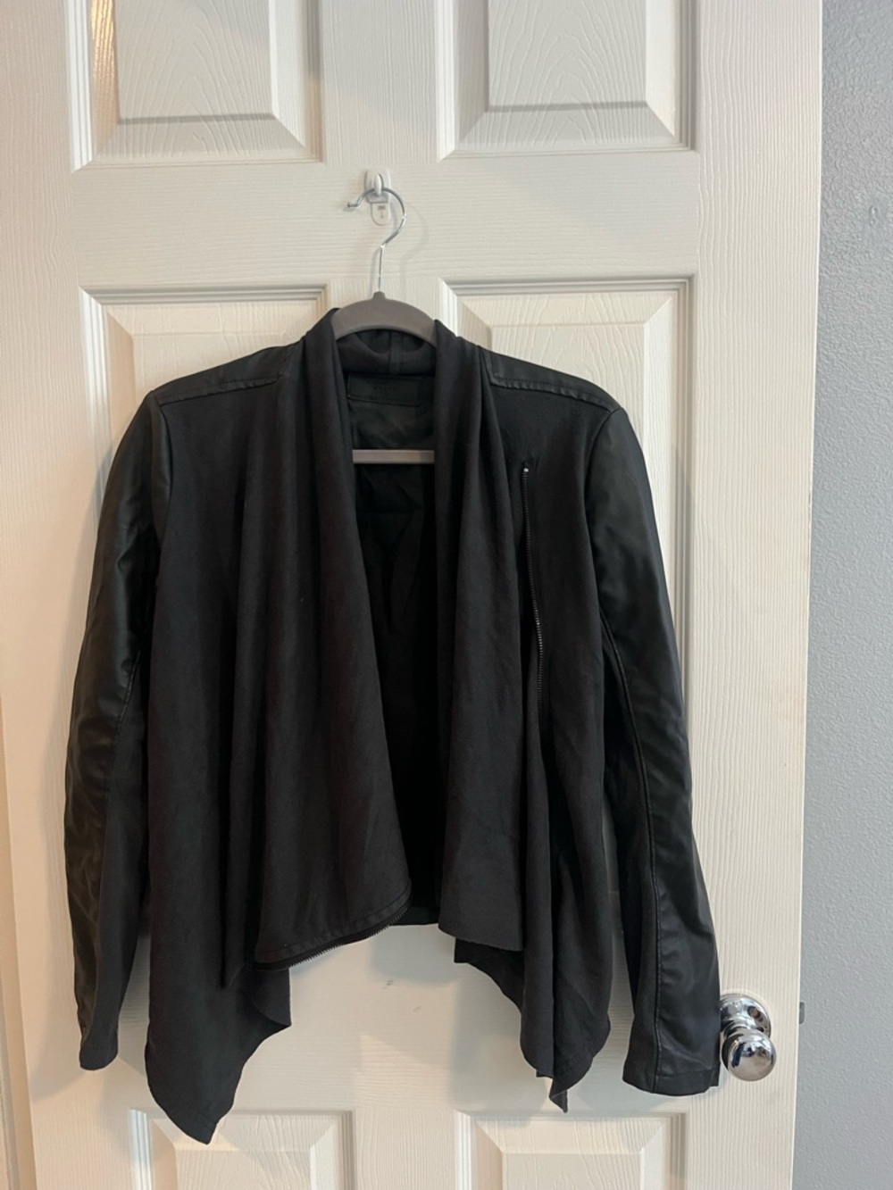 Blank NYC Black Draped Open-Front Jacket with Faux Leather Sleeves